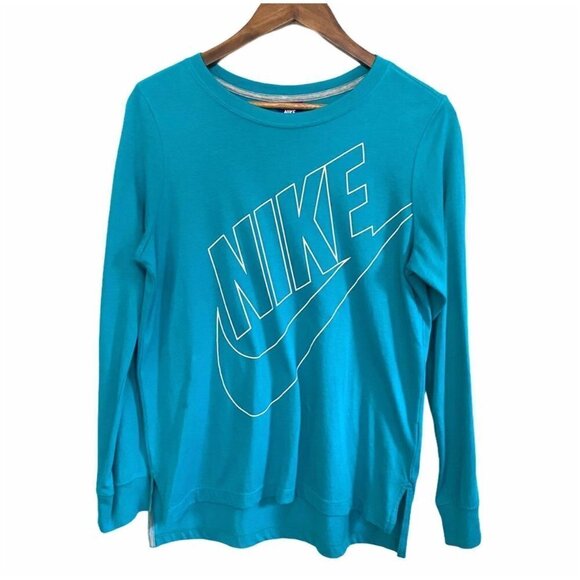 Nike Women's Teal Spellout Logo Long Sleeve Active Workout Shirt Size Small - Picture 1 of 8